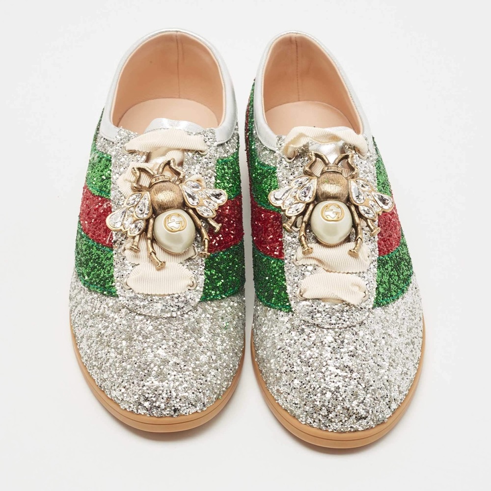 Gucci Silver Glitter Falacer Web Pearl Embellished Bee Low Top Sneakers